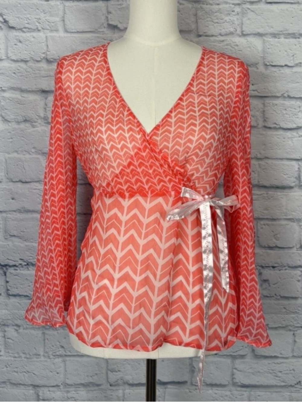 Esprit Coral and White Chevron Wrap Blouse 100% Silk